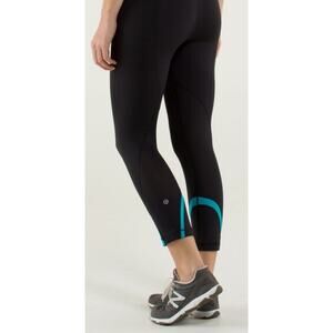 Vintage LULULEMON Run Inspire Sculpting Leggings Crop Black Teal Zip Pocket 12